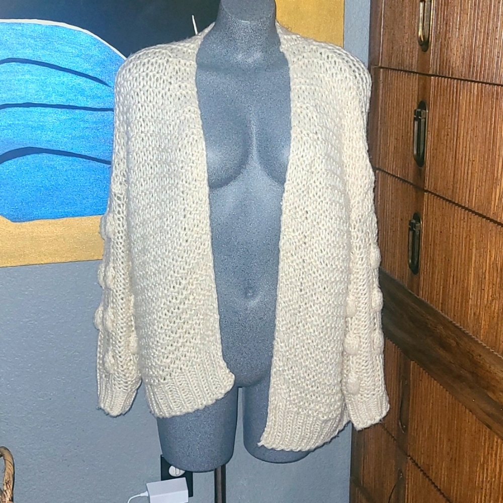 Pom Pom Cardigan Knit Sweater Cream Size Large